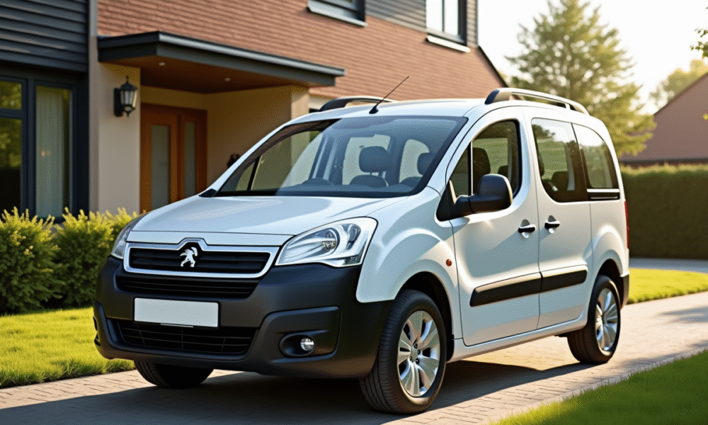 Voiture Peugeot Partner 5 places devant maison moderne en plein jour