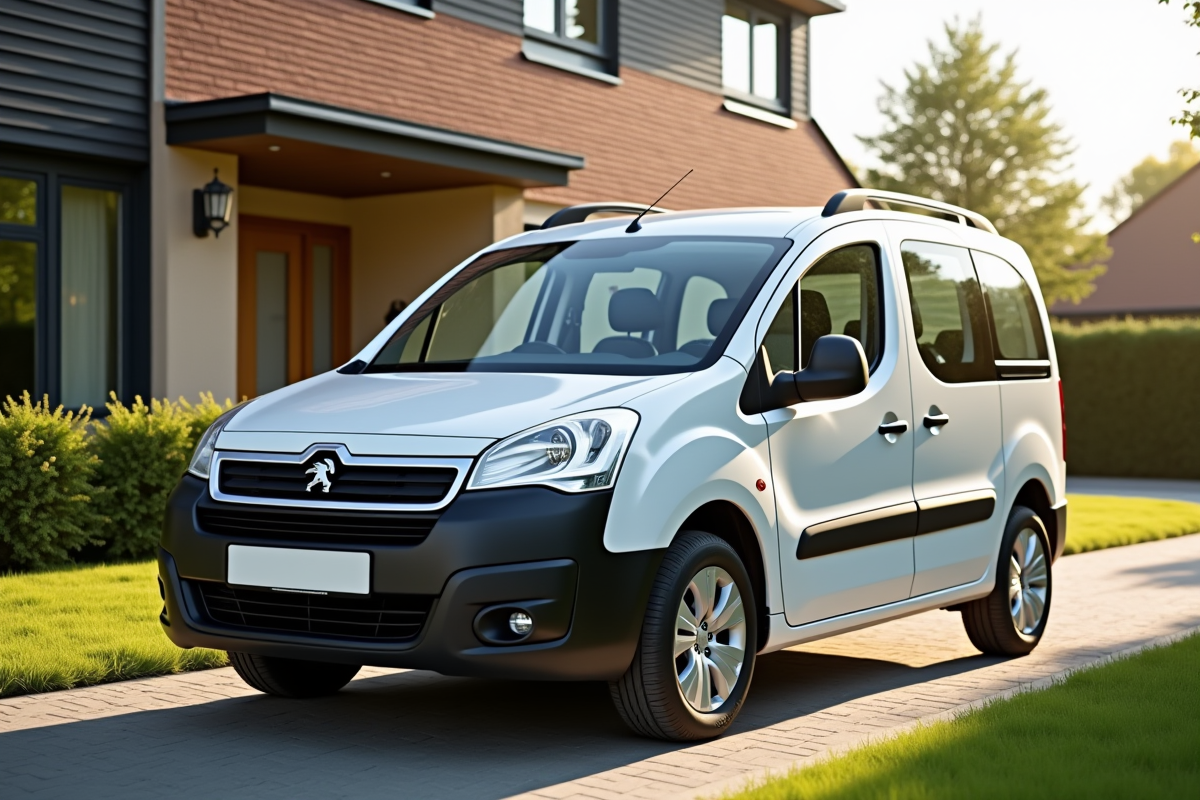 Voiture Peugeot Partner 5 places devant maison moderne en plein jour