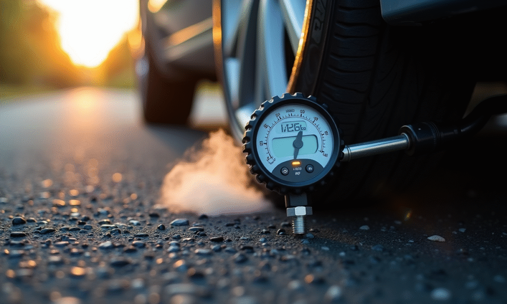 Gros plan d'un manomètre digital sur un pneu de voiture avec vapeur