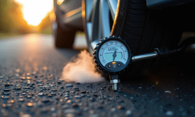 Gros plan d'un manomètre digital sur un pneu de voiture avec vapeur