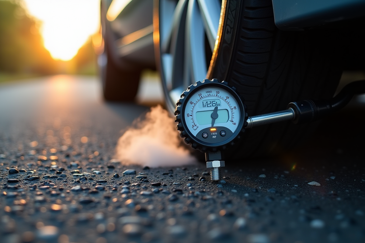 Gros plan d'un manomètre digital sur un pneu de voiture avec vapeur