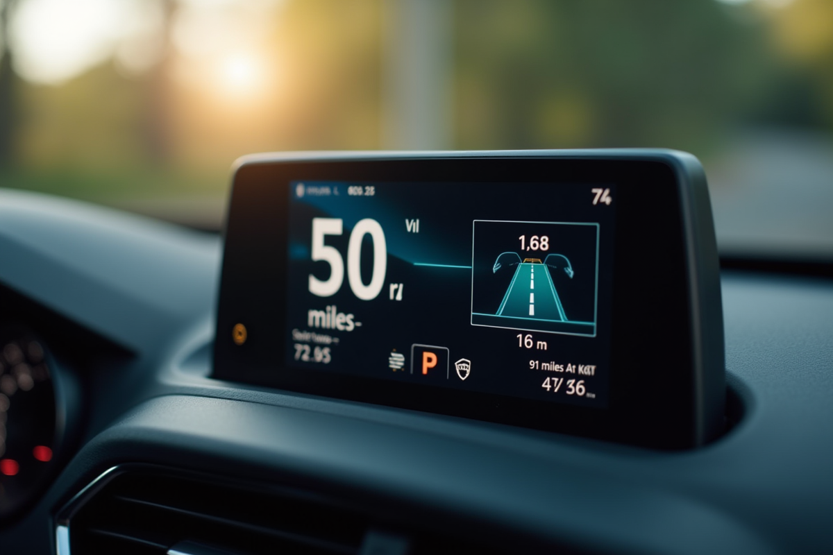 Tableau de bord avec GPS affichant 50 miles en km